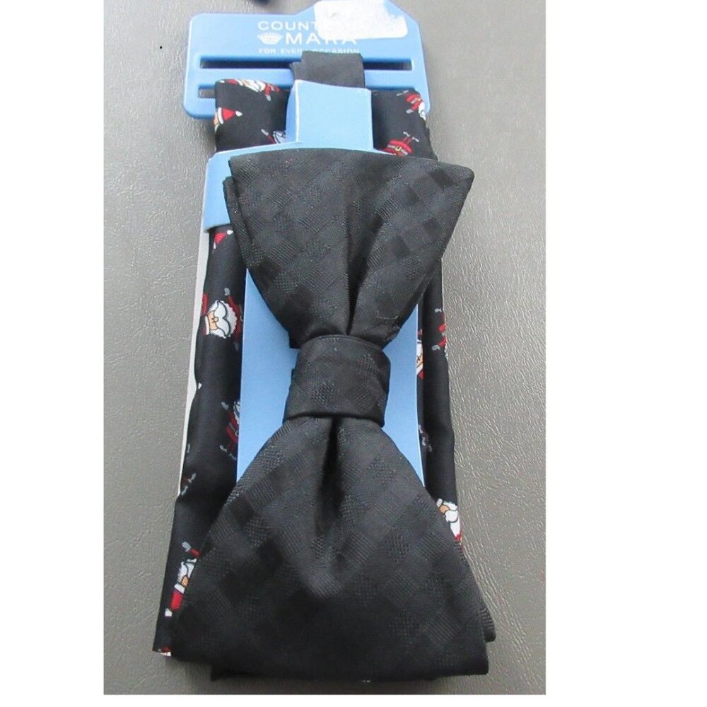 Countess Mara Men's Pre-Tied Bow Tie and Pocket Square Set, Black Santa Claus